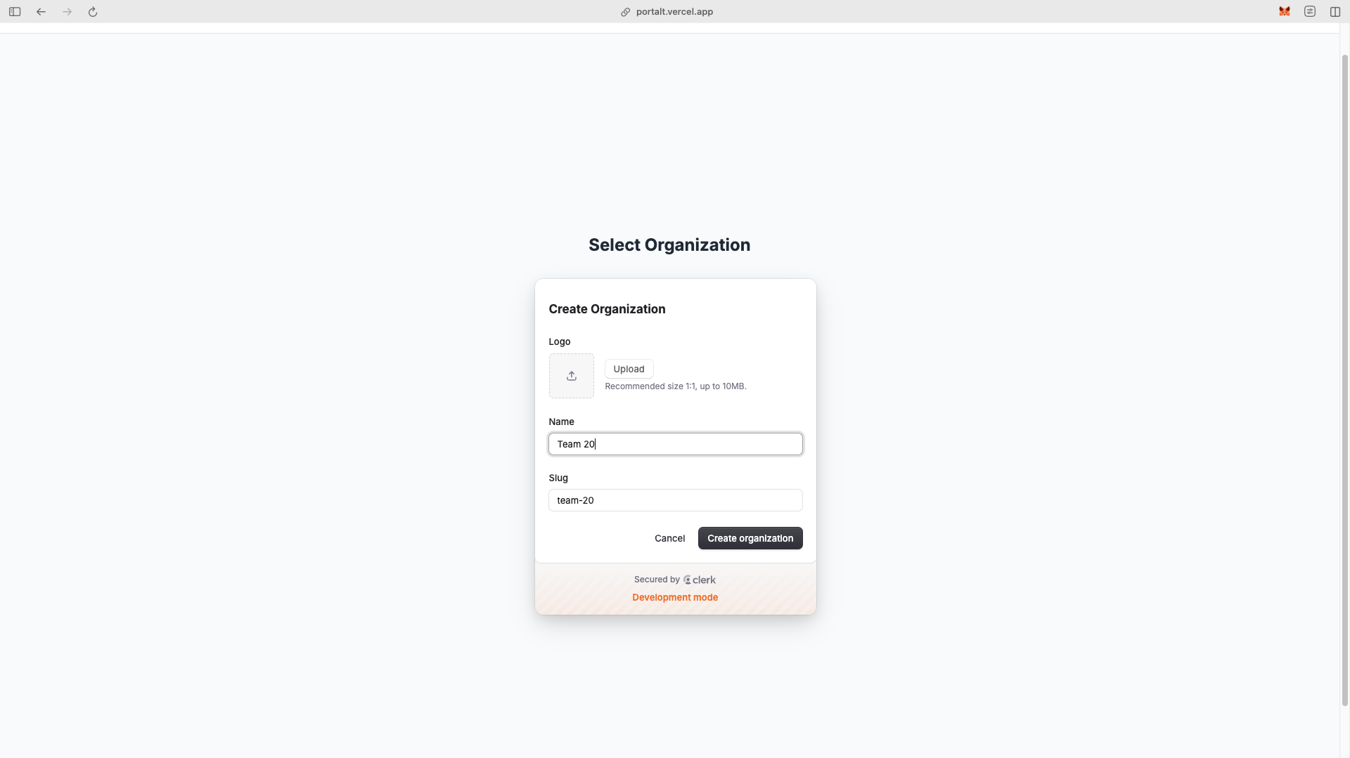 Create Organization Screen